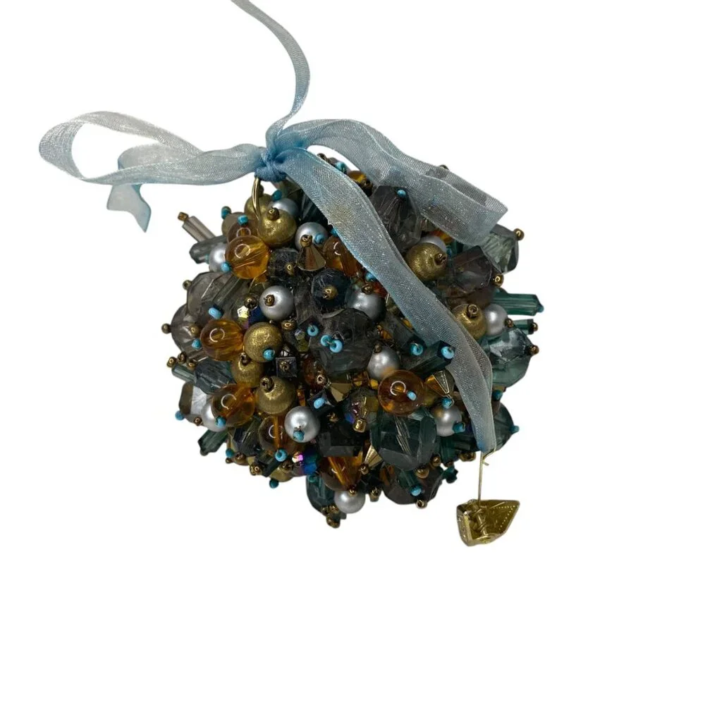 Vintage Handcrafted‎ Multicolor Beaded Push Pin Ornament Ribbon Bow Christmas 4